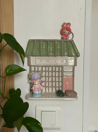 Étagère façade japonaise vert & rose