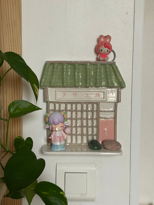 Étagère façade japonaise vert & rose